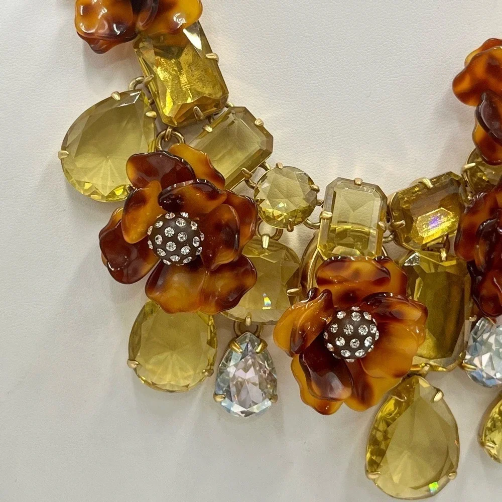 J. Crew Tortoise Shell Flower Asymmetrical Pave Yellow‎ Rhinestone Bib Necklace